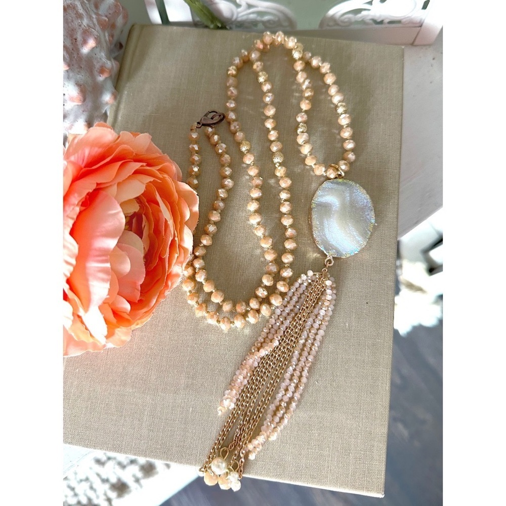 Tan/Beige tassel crystal long necklace